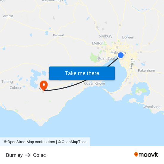 Burnley to Colac map