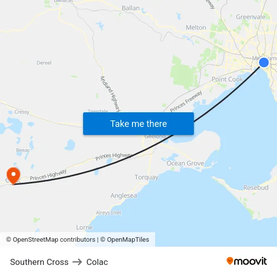 Southern Cross to Colac map