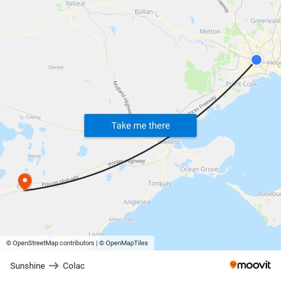 Sunshine to Colac map