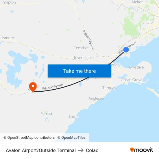 Avalon Airport/Outside Terminal to Colac map