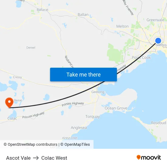 Ascot Vale to Colac West map