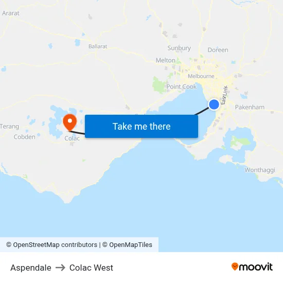 Aspendale to Colac West map
