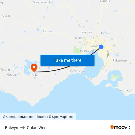 Balwyn to Colac West map