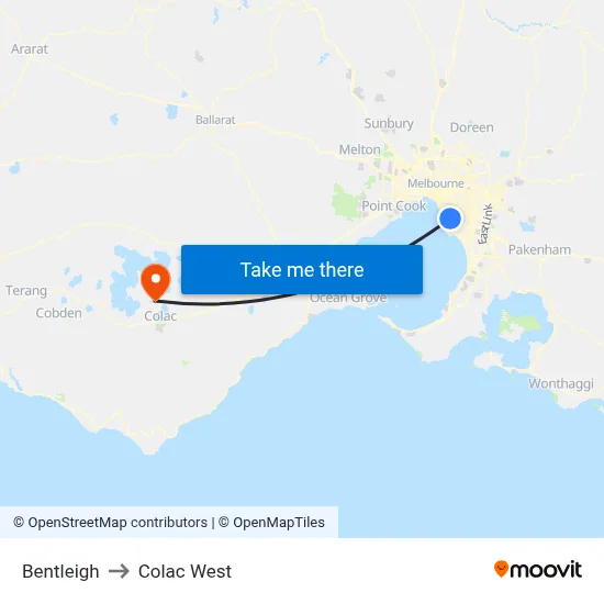 Bentleigh to Colac West map