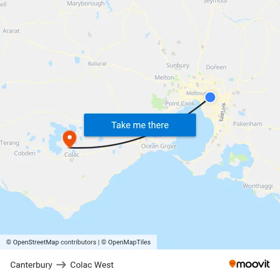 Canterbury to Colac West map