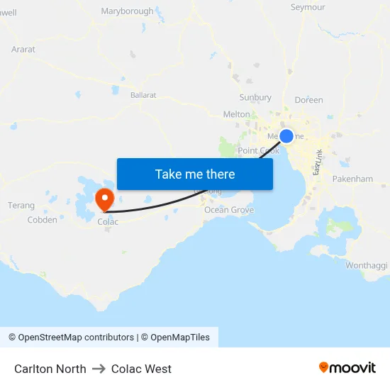Carlton North to Colac West map