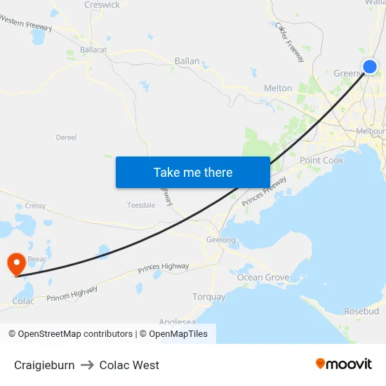 Craigieburn to Colac West map