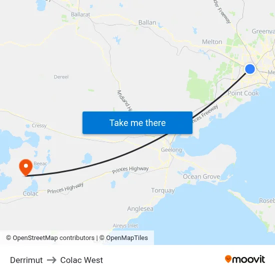 Derrimut to Colac West map