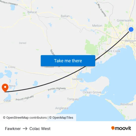 Fawkner to Colac West map