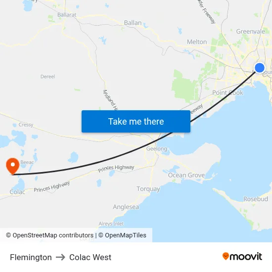 Flemington to Colac West map