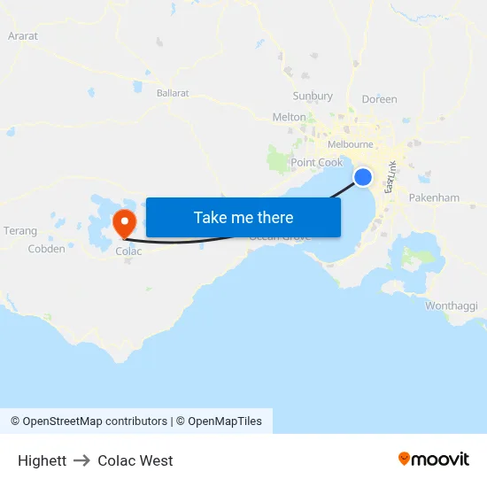 Highett to Colac West map
