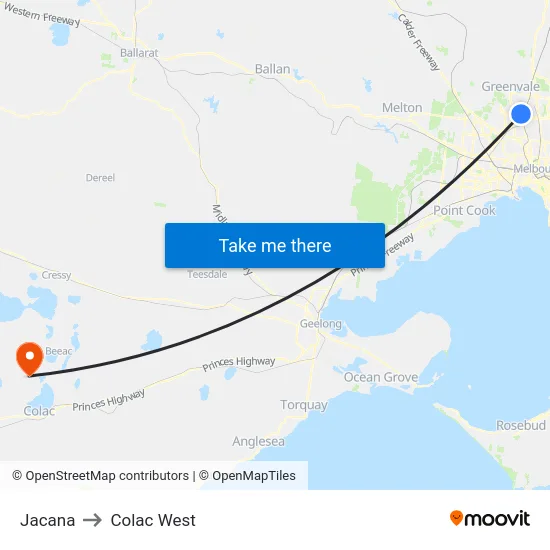 Jacana to Colac West map