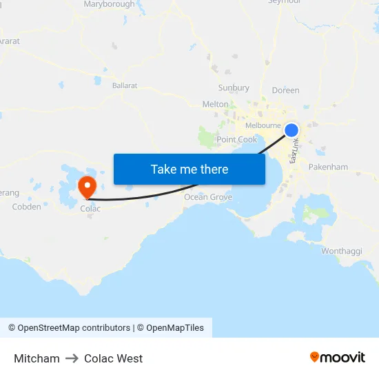 Mitcham to Colac West map