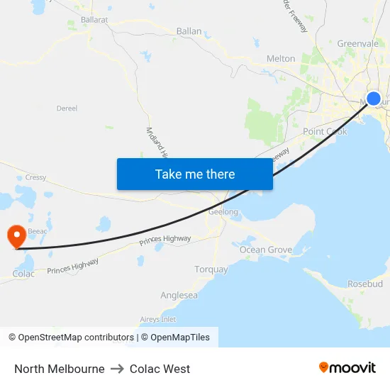 North Melbourne to Colac West map