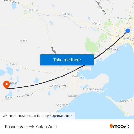 Pascoe Vale to Colac West map