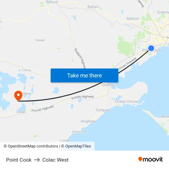 Point Cook to Colac West map