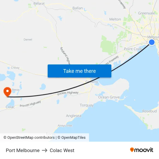 Port Melbourne to Colac West map