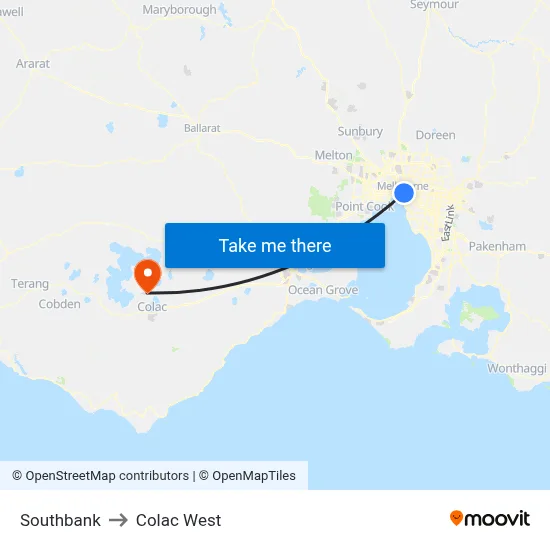Southbank to Colac West map