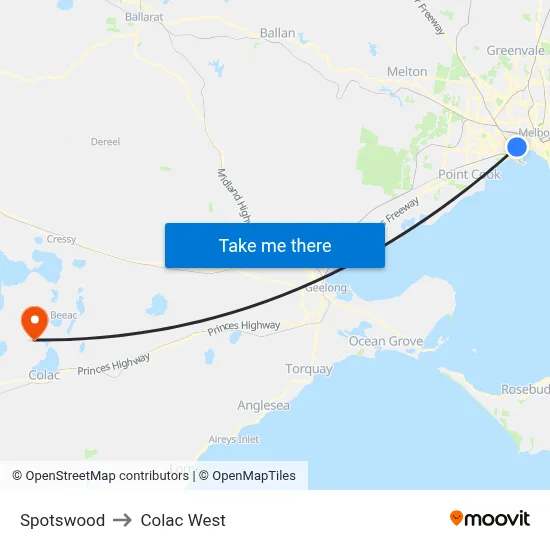 Spotswood to Colac West map