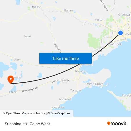 Sunshine to Colac West map