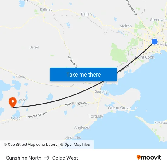 Sunshine North to Colac West map
