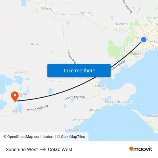 Sunshine West to Colac West map