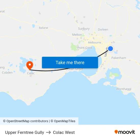 Upper Ferntree Gully to Colac West map