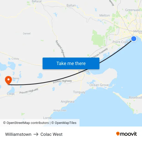 Williamstown to Colac West map