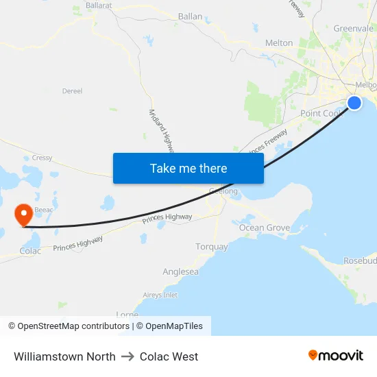 Williamstown North to Colac West map