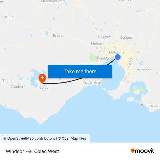 Windsor to Colac West map