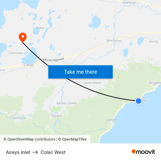 Aireys Inlet to Colac West map