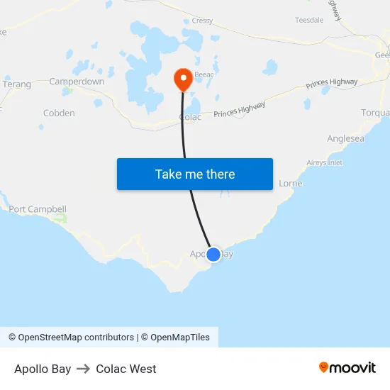Apollo Bay to Colac West map
