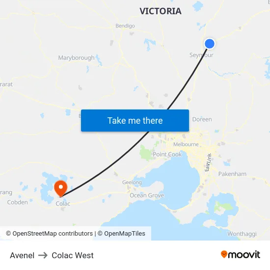Avenel to Colac West map