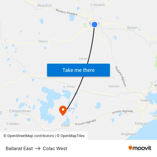 Ballarat East to Colac West map