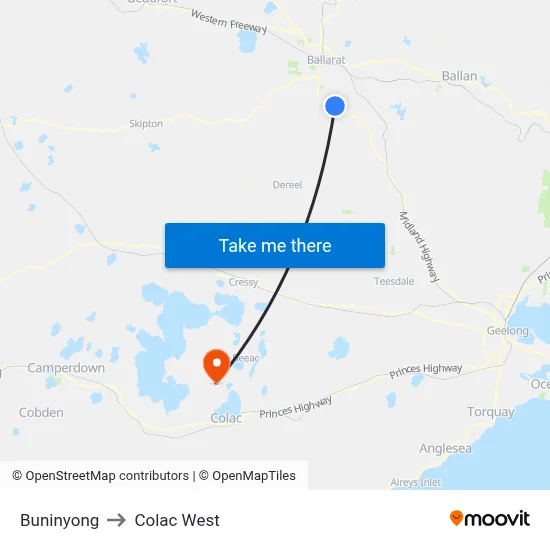 Buninyong to Colac West map