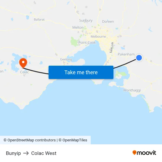 Bunyip to Colac West map