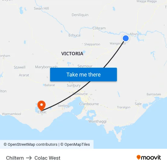 Chiltern to Colac West map