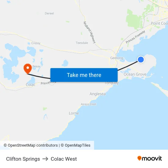 Clifton Springs to Colac West map