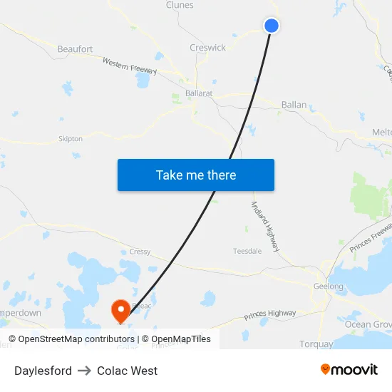 Daylesford to Colac West map