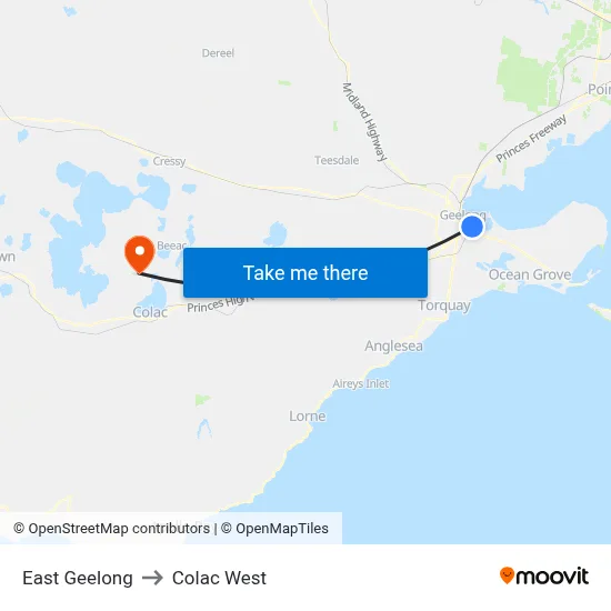 East Geelong to Colac West map