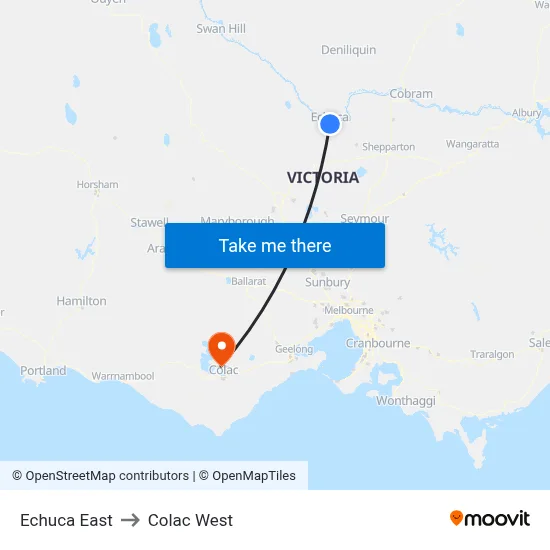 Echuca East to Colac West map