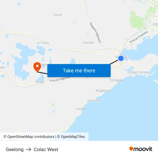 Geelong to Colac West map