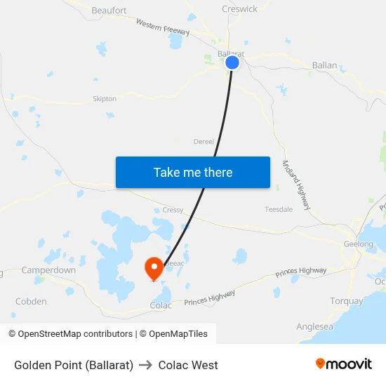 Golden Point (Ballarat) to Colac West map