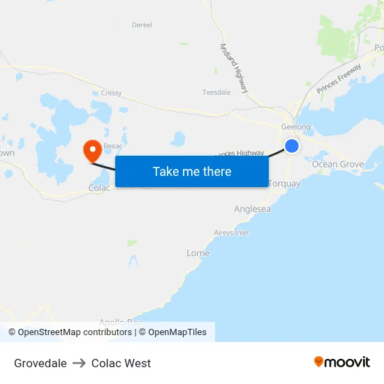Grovedale to Colac West map