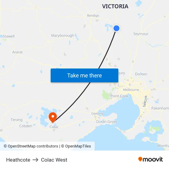 Heathcote to Colac West map