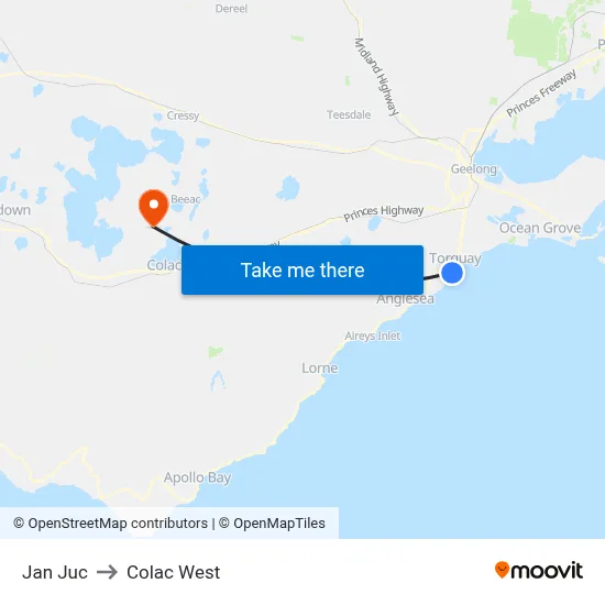 Jan Juc to Colac West map