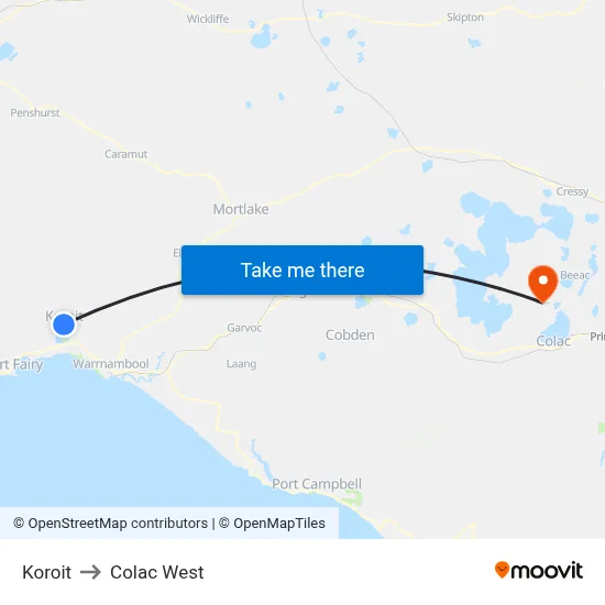 Koroit to Colac West map