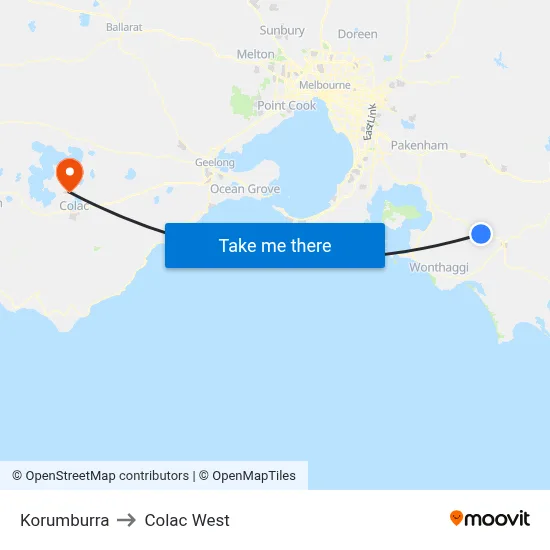 Korumburra to Colac West map