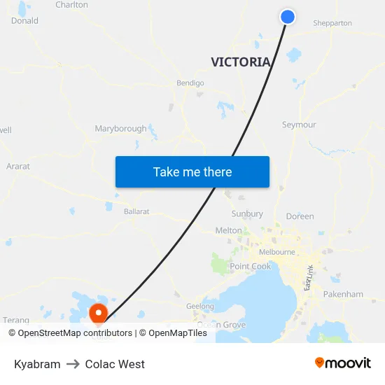 Kyabram to Colac West map
