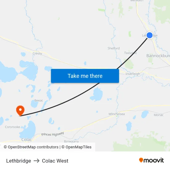 Lethbridge to Colac West map